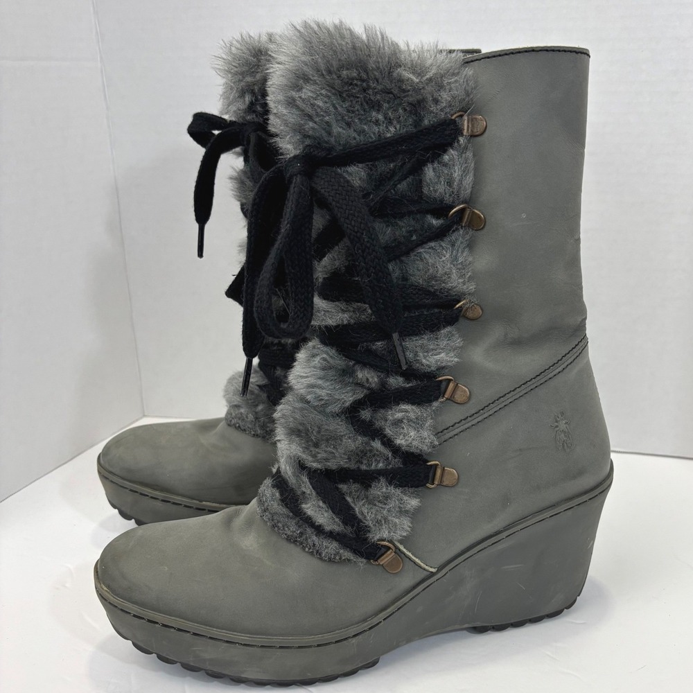 RARE Fly London Mid Calf Wedge Boots Women 42 US 11 Grey Nubuck Leather Faux Fur